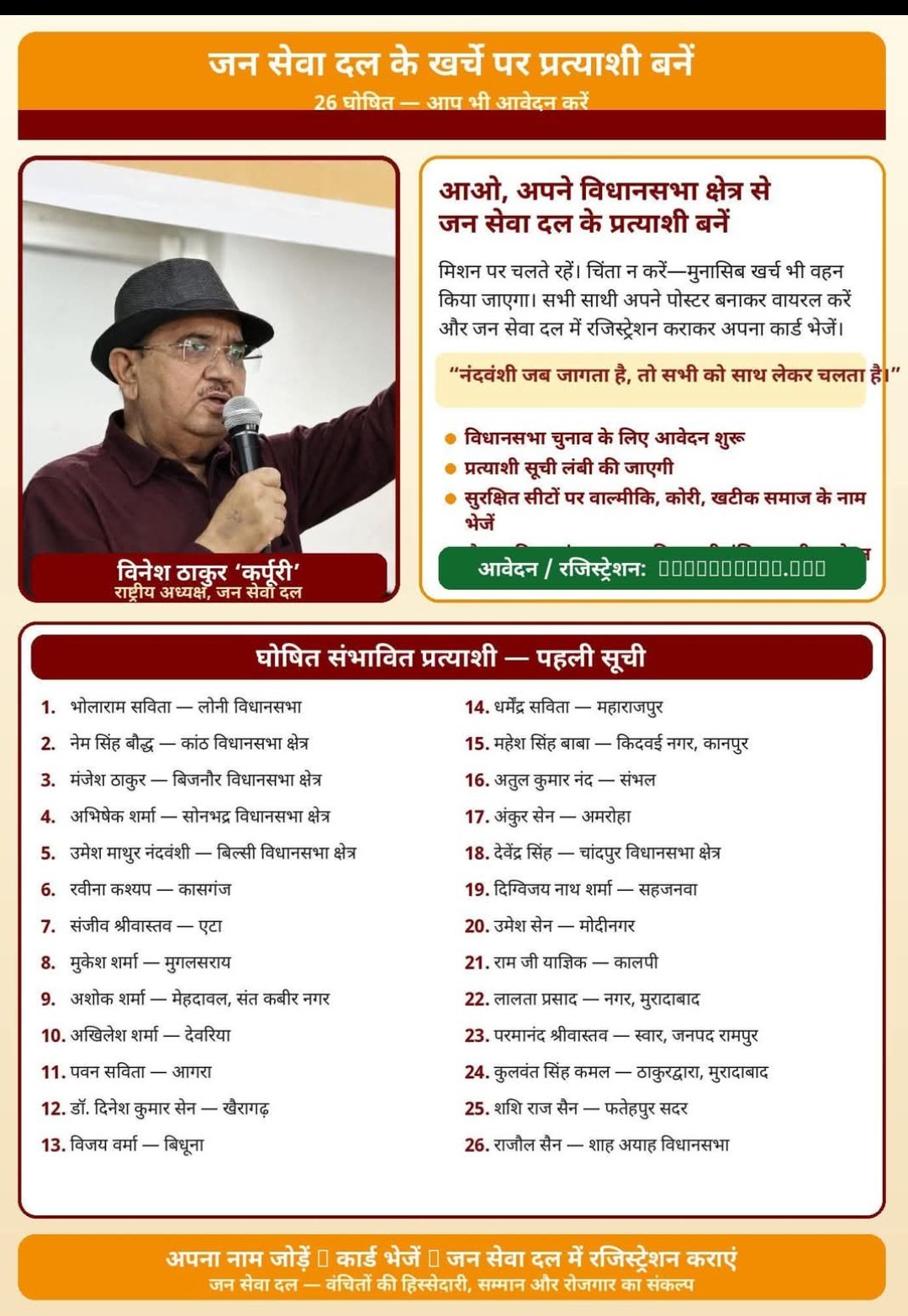 जन सेवा दल के खर्चे पर प्रत्याशी बनें , 26 घोषित आप भी आवेदन करें